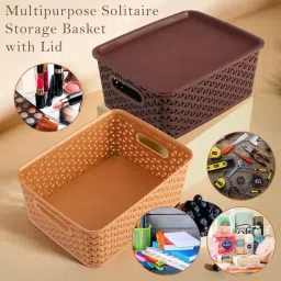 garu plastic Plastic 3 Pieces Small Size Multipurpose Solitaire Storage Basket with Lid (Multicolour) Storage Basket image 5