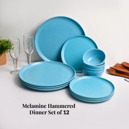 Pack of 12 Melamin Turquoise Melamine Dinner Set of - 4 Full & 4 Quarter Plates + 4 Soup Bowls Dinner Set-4