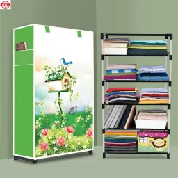 5 Shelf Foldable Collapsible Wardrobe Storage Organizer Almirah Cloth Rack PVC Collapsible Wardrobe-image-90