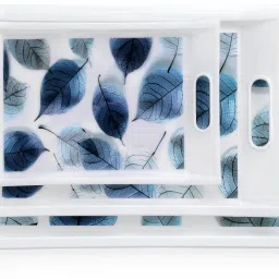 Set of 3 Printed Plastic Serving Trays with Handles – Blue Leaf Design Tray-19