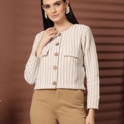 Women Striped Mandarin Casual Blazer-image-81