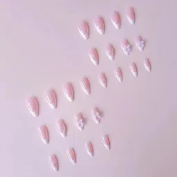 trexee Set of 24 Artificial Reusable Nails in Bowknot with Pearls design with glue image 3