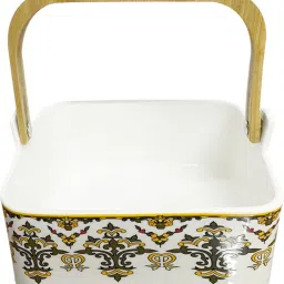 Ceramic Serving Bowl Square Serving Basket Bowl with Hanging Wooden Handle-image-2