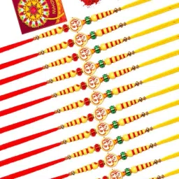 Religious Rakhi Set For Brother Combo With Roli Chawal Greeting CardO5-12 Assorted Rakhi, Chawal Roli Pack, Greeting Card Set-picture-7