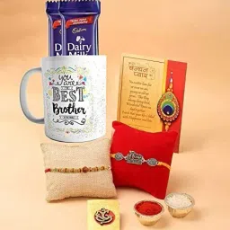 Designer Rakhi Set of 2 for Brother with Printed Mug and Chocolate Gift Hamper Assorted Gift Box-image-43