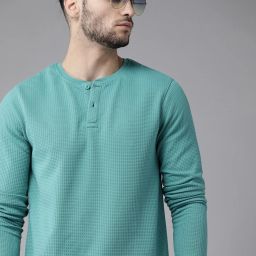 Men Self Design Henley Neck Pure Cotton Light Green T-Shirt-image-23