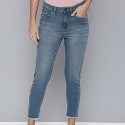 Flying Machine Women Blue Veronica Skinny Fit High-Rise Light Fade Frayed Hem Crop Jeans-image-81