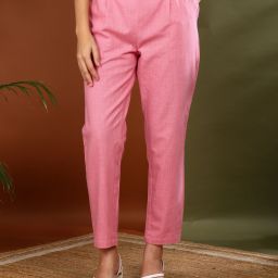 Women Regular Fit Pink Cotton Blend Trousers-image-59