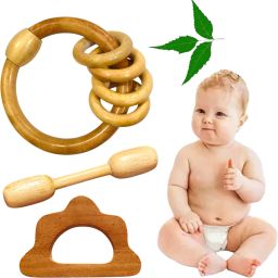 Natural Neem Wood Ring Inside Ring Rattle with Dumbbell and Cloud Shape Teether Rattle-15