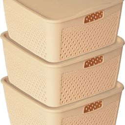 Plastic NettedDesign Square Shape Plastic Storage Baskets with lid Small Packof 3(Beige) Storage Basket-image-88