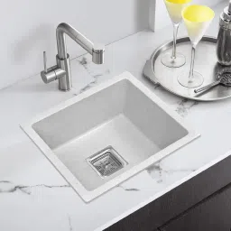 Quartz Kitchen sink Single Bowl (21 x 18 x 8.5 inches) Coupling/Waste pipe Granite Finish Corner Basin-image-4