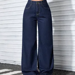 denim look Women Flared High Rise Dark Blue Jeans-picture-8
