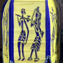 Hanging Foldable Palm Leaf Décor/Lantern from Pipli Odisha, Theme Tribal Couple Blue, Yellow Cloth, Wooden Hanging Lantern-24
