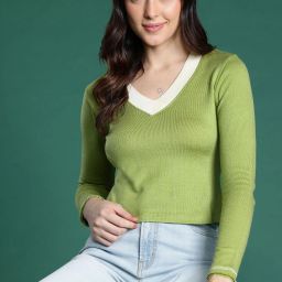 Women Solid V Neck Green Sweater-image-107