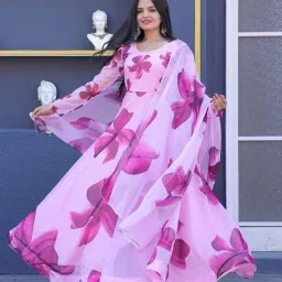 Women Floral Print Georgette Anarkali Kurta With Attached Dupatta-image-5