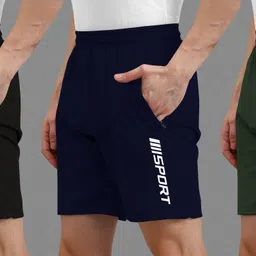 avolt Pack of 3 Solid Men Black, Blue, Dark Green Casual Shorts-picture-3