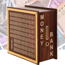 Wooden Money Saving Box Golden | Cash Saver Money Box with Counting Target Coin Bank-21