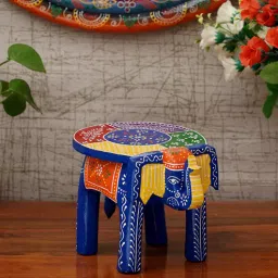craft tree Wooden Handpainted Decorative Elephant Stool Showpiece in Blue color-picture-0