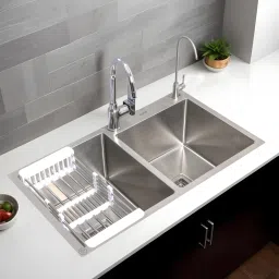 304 Grade Stainless Steel Handmade Double Bowl Kitchen Sink with Hole 32x18x10 Inches Matt Finish Including Waste Coupling, Pipe, Fruit Basket Vessel Sink-9