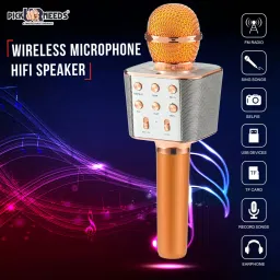 make ur wish Karaoke Duplex Bluetooth Mic Wireless Bluetooth Microphone Connection Player Speaker 2-in1 With Recording + USB + FM Microphone Karoke Mic image 3