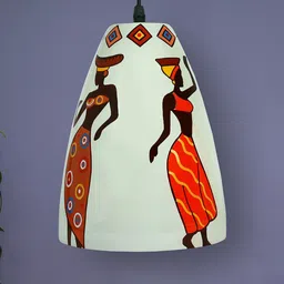 POSH-N-PLUSH White & Orange Folk Art Glass Hand Painted Hanging Lamp-image-97