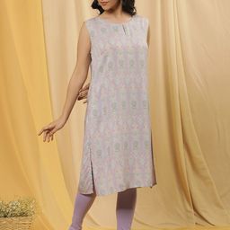W Ethnic Motifs Printed Keyhole Neck Regular Kurta With Tight-1