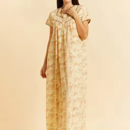 Sweet Dreams Yellow Ethnic Motifs Printed Pure Cotton Maxi Nightdress-picture-32