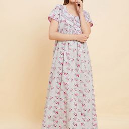 Sweet Dreams Grey & Pink Floral Printed Round Neck Pure Cotton Maxi Nightdress-picture-26