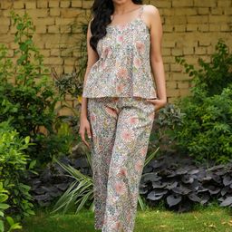 SANSKRUTIHOMES Green & Peach-Coloured Floral Printed Pure Cotton Night Suit-picture-8