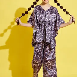 Cherry & Jerry Girl Floral Printed Kaftan Satin Top With Trousers-image-52