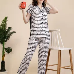 FABINALIV Geometric Printed Lapel Collar Night suit-image-93