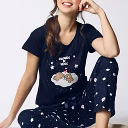 I like me Women Navy Blue & White Pure Cotton Printed Night Suit-picture-33