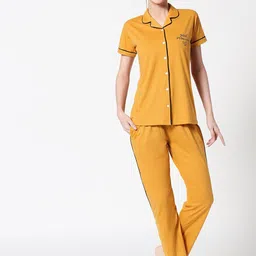 Zeyo Women Mustard Solid Pure Cotton Night Suit-image-62