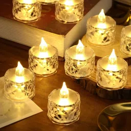 12Pcs Flameless and Smokeless Decorative Crystal Candles, LED Tea Light Candle Plastic (Pack of 12) Table Diya Set-picture-5