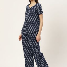 KBZ Women Navy Blue & White Printed Cotton Night suit-image-17