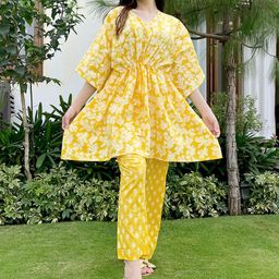 Libas Women Yellow & White Printed Cotton Night suit-image-83