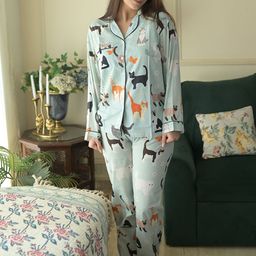 KAHVA Women Printed Lapel Collar Night Suit-image-9