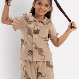Growing Tree Girls Gold-Toned & Navy Blue Printed Night Suit-image-92