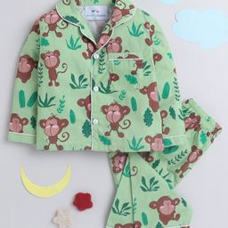 Knitting Doodles Unisex Kids Green & Brown Printed Night suit-48