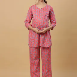 CRAFIQA Women Geometric Printed Pure Cotton Maternity Night Suit-image-74