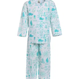 A Little Fable Girls White & Turquoise Blue Printed Pure Cotton Night suit-image-53