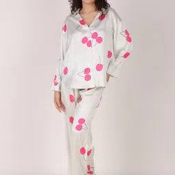 Masha Conversational Printed Shirt Collar Long Sleeves Satin Oversized Shirt & Pyjamas-image-37