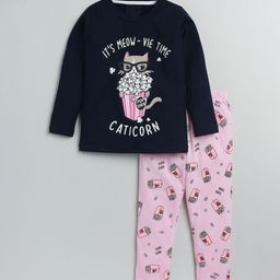 YK Girls Navy Blue & Pink Printed Night suit-image-75