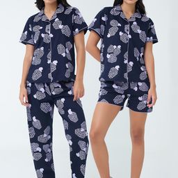 I like me Conversational Printed Lapel Collar Pure Cotton 3 Pieces Night Suits-image-72