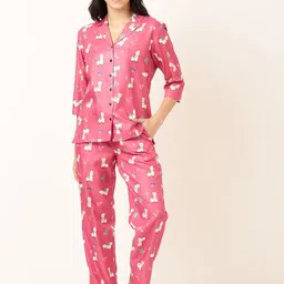 Bannos Swagger Pink Conversational Printed Lapel Collar Night suit-image-50