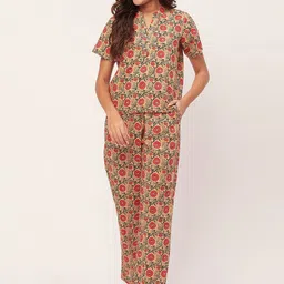 Moomaya Floral Printed Mandarin Collar Pure Cotton Night Suit-picture-55