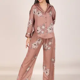 Masha Brown & Grey Floral Printed Shirt Collar Satin Night Suit-21