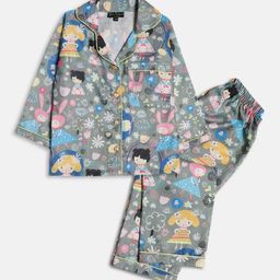 Bella Moda Kids Graphic Printed Lapel Collar Pure Cotton Night suit-image-37