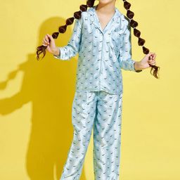 Cherry & Jerry Girls Turquoise Blue & White Printed Satin Night suit-image-94