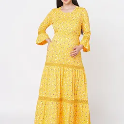 Inner Sense Floral Printed Bell Sleeves Organic Cotton Maternity Fit & Flare Maxi Dress-image-48